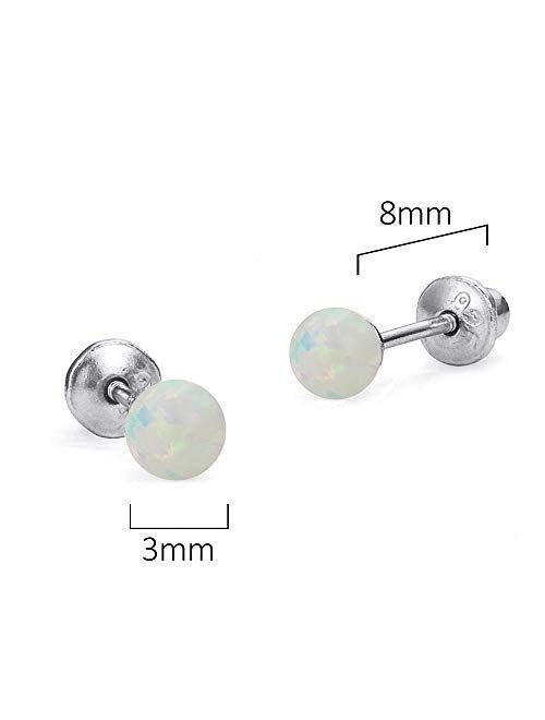 Lovearing 925 Sterling Silver Rhodium Plated 3, 4, 5mm Simulated Opal Screwback Baby Girls Earrings