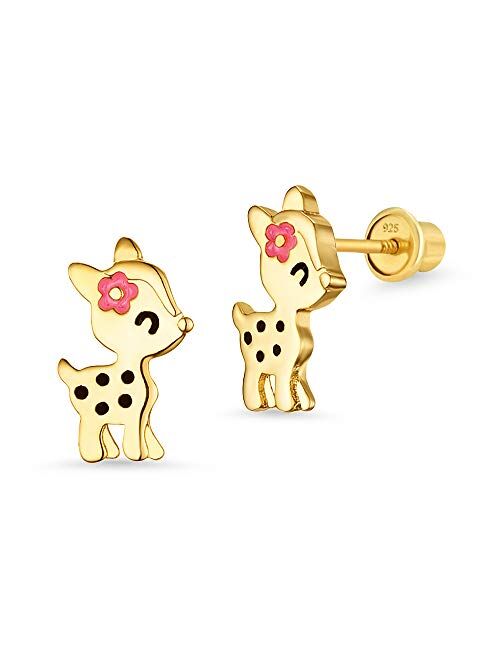 Lovearing 14k Gold Plated Enamel Flower Deer Baby Girls Earrings with Sterling Silver Post