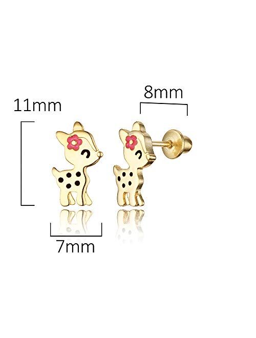 Lovearing 14k Gold Plated Enamel Flower Deer Baby Girls Earrings with Sterling Silver Post