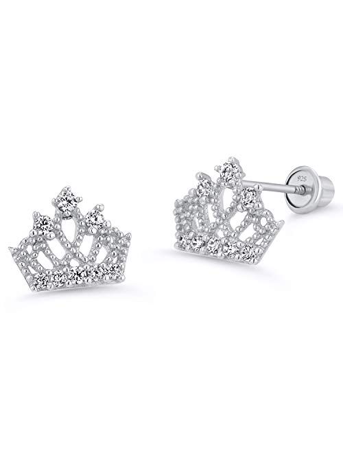 Lovearing 925 Sterling Silver Rhodium Plated Princess Crown Cubic Zirconia Screwback Baby Girls Earrings