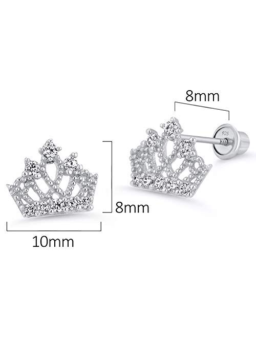 Lovearing 925 Sterling Silver Rhodium Plated Princess Crown Cubic Zirconia Screwback Baby Girls Earrings