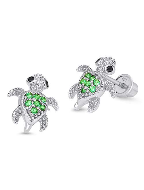 Lovearing 925 Sterling Silver Rhodium Plated Green Turtle Cubic Zirconia Screwback Baby Girls Earrings