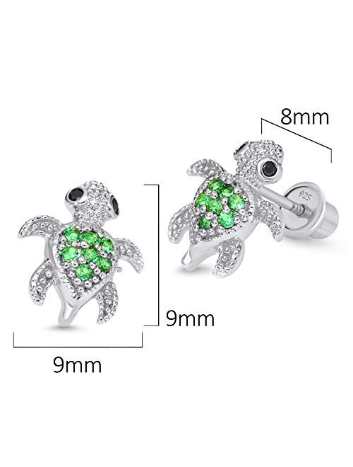 Lovearing 925 Sterling Silver Rhodium Plated Green Turtle Cubic Zirconia Screwback Baby Girls Earrings