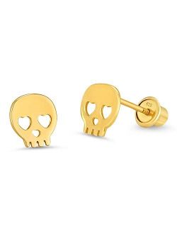 14k Gold Plated Brass Skull Screwback Baby Girls Earrings with Sterling Silver Post