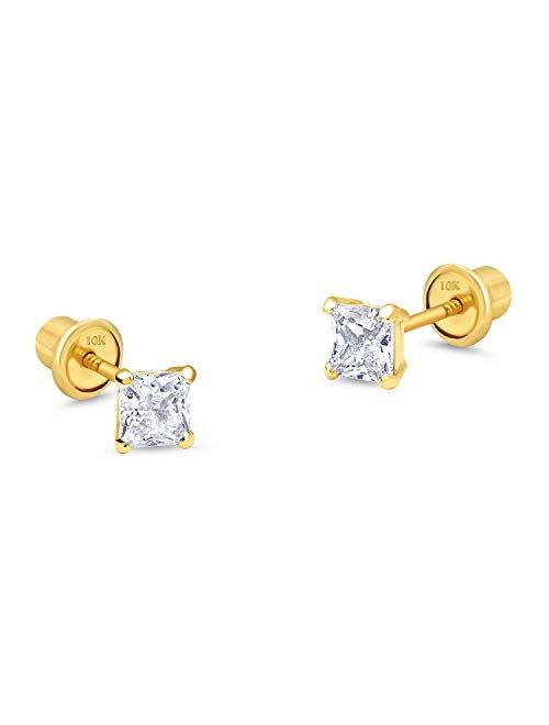 Lovearing 10k Yellow Gold Baket Princess Cut CZ Cubic Zirconia Children Screwback Baby Girls Earrings