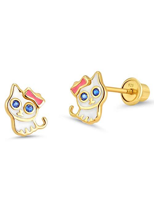 Lovearing 14k Gold Plated Enamel Cat Kitten Cubic Zirconia Girls Screwback Earrings with Sterling Silver Post