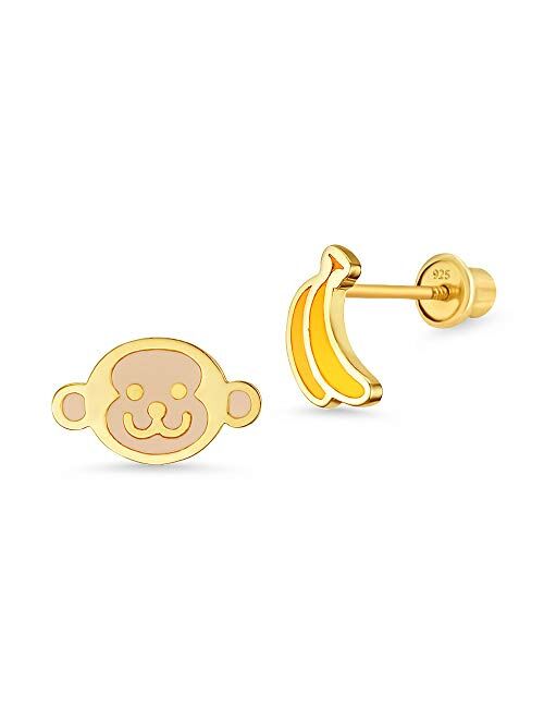 Lovearing 14k Gold Plated Enamel Monkey Banana Baby Girls Earrings with Sterling Silver Post