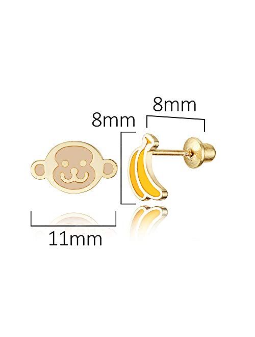 Lovearing 14k Gold Plated Enamel Monkey Banana Baby Girls Earrings with Sterling Silver Post