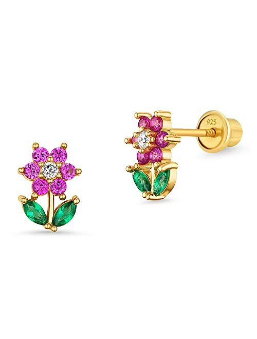 Lovearing 14k Gold Plated Brass Flower Cubic Zirconia Screwback Baby Girls Earrings with Sterling Silver Post