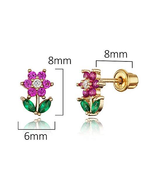 Lovearing 14k Gold Plated Brass Flower Cubic Zirconia Screwback Baby Girls Earrings with Sterling Silver Post