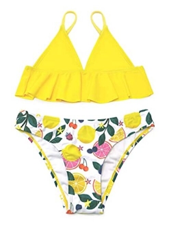 Girls Ruffle Flounce Triangle Bikini Print Bottom Two Piece Swimsuits