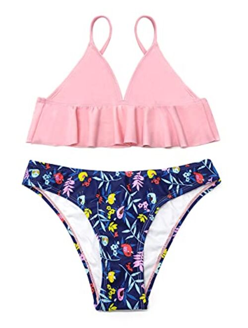 SHEKINI Girls Ruffle Flounce Triangle Bikini Print Bottom Two Piece Swimsuits