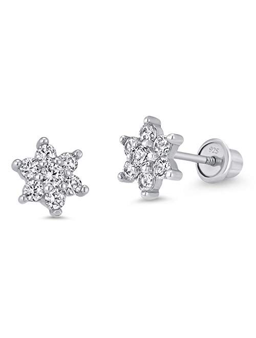 Lovearing 925 Sterling Silver Rhodium Plated Flower Cubic Zirconia Screwback Baby Girls Earrings