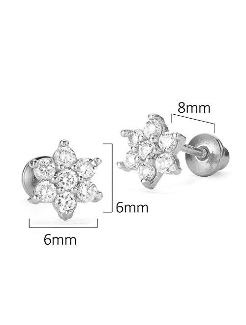 Lovearing 925 Sterling Silver Rhodium Plated Flower Cubic Zirconia Screwback Baby Girls Earrings