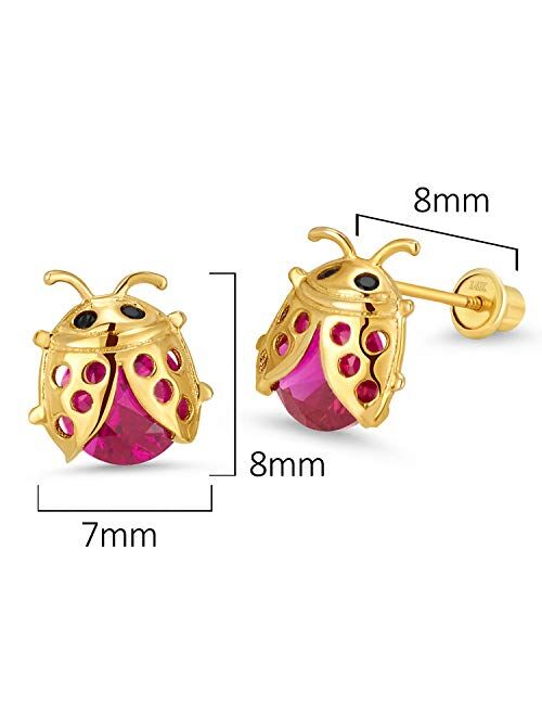 Lovearing 14k Yellow Gold Lady Bug Cubic Zirconia Children Screwback Baby Girls Stud Earrings