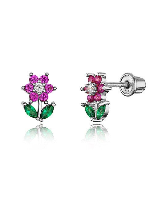 Lovearing 925 Sterling Silver Rhodium Plated Flower Cubic Zirconia Screwback Baby Girls Earrings