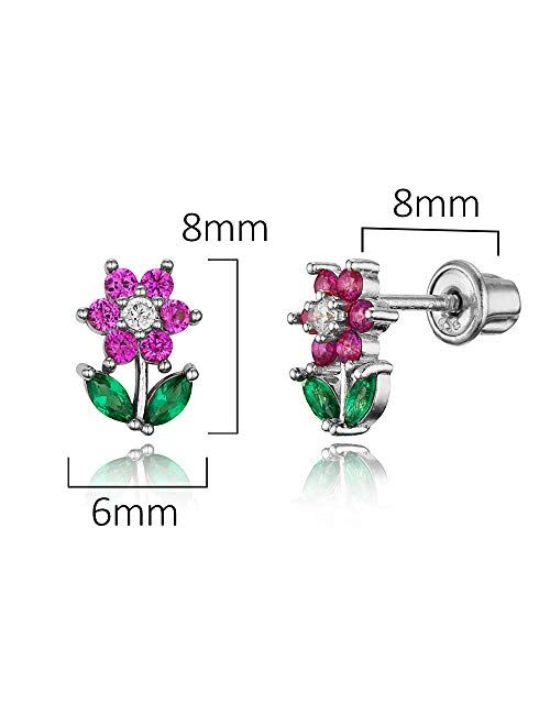 Lovearing 925 Sterling Silver Rhodium Plated Flower Cubic Zirconia Screwback Baby Girls Earrings