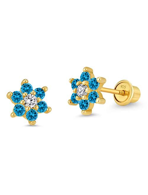 Lovearing 14k Gold Plated Brass Flower Cubic Zirconia Screwback Baby Girls Earrings with Sterling Silver Post