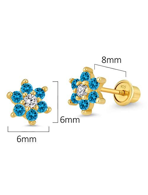 Lovearing 14k Gold Plated Brass Flower Cubic Zirconia Screwback Baby Girls Earrings with Sterling Silver Post