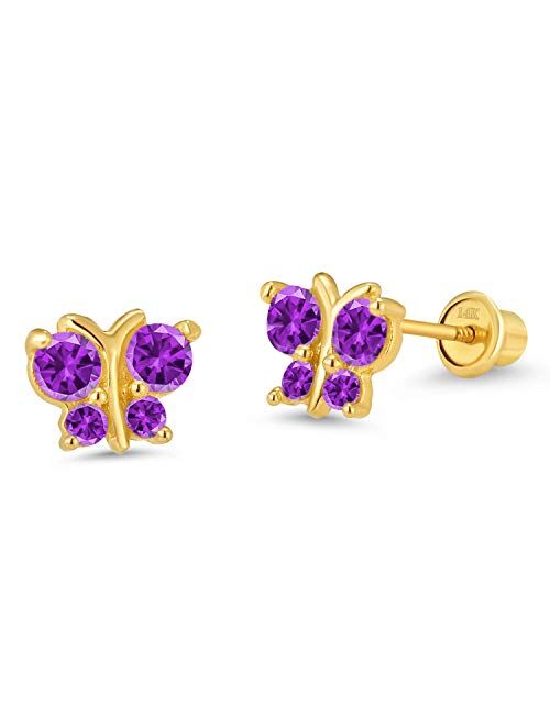 Lovearing 14k Yellow Gold Butterfly Cubic Zirconia Children Screwback Baby Girls Earrings