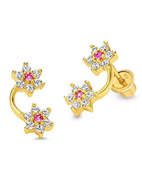 Lovearing 14k Gold Plated Brass Flower Cubic Zirconia Screwback Baby Girls Earrings with Sterling Silver Post