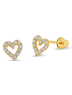 14k Yellow Gold Open Heart Cubic Zirconia Children Screwback Baby Girls Earrings