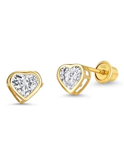 14k Yellow Gold Heart Bezel Cubic Zirconia Children Screwback Baby Girls Stud Earrings