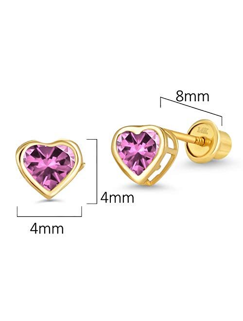 Lovearing 14k Yellow Gold Heart Bezel Cubic Zirconia Children Screwback Baby Girls Stud Earrings