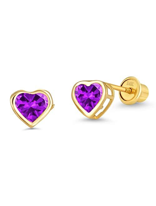 Lovearing 14k Yellow Gold Heart Bezel Cubic Zirconia Children Screwback Baby Girls Stud Earrings