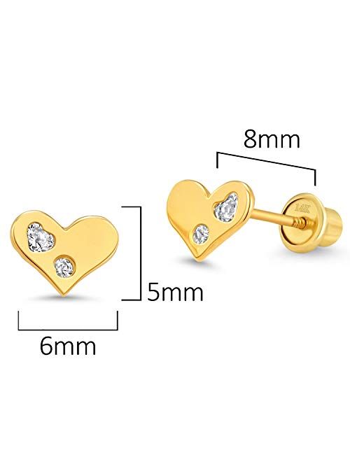 Lovearing 14k Yellow Gold Heart Cubic Zirconia Children Screwback Baby Girls Stud Earrings