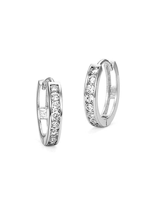 Lovearing 925 Sterling Silver Rhodium Plated 3mm x 16mm Cubic Zirconia Channel Huggie Earrings