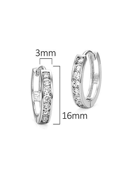 Lovearing 925 Sterling Silver Rhodium Plated 3mm x 16mm Cubic Zirconia Channel Huggie Earrings