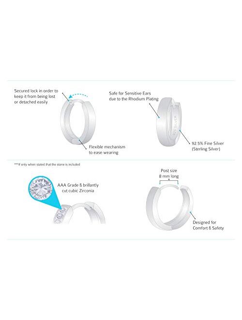 Lovearing 925 Sterling Silver Rhodium Plated 3mm x 16mm Cubic Zirconia Channel Huggie Earrings