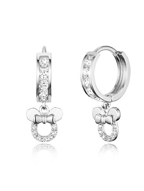 Lovearing 925 Sterling Silver Rhodium Plated Channel CZ Mouse Baby Girl Hoop Huggie Earrings