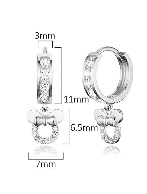 Lovearing 925 Sterling Silver Rhodium Plated Channel CZ Mouse Baby Girl Hoop Huggie Earrings