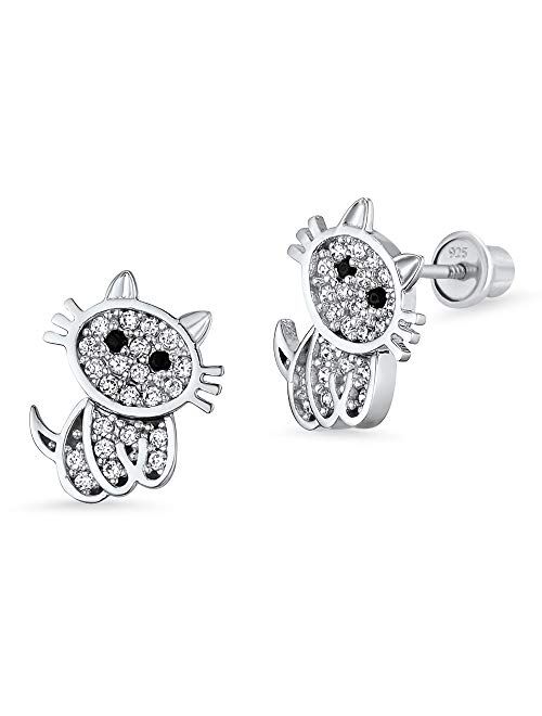 Lovearing 925 Sterling Silver Rhodium Plated Cat Cubic Zirconia Screwback Baby Girls Earrings