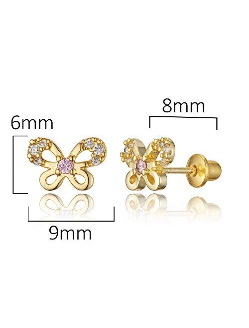 Lovearing 14k Gold Plated Brass Butterfly Cubic Zirconia Screwback Girls Earrings with Sterling Silver Post