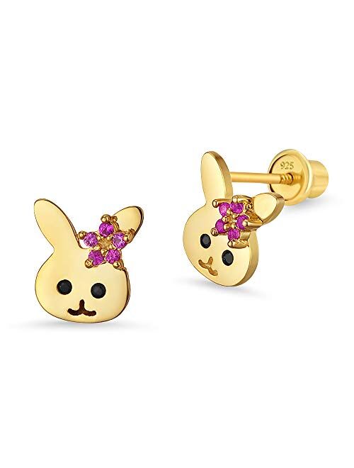 Lovearing 14k Gold Plated Brass Rabbit Cubic Zirconia Screwback Baby Girls Earrings with Sterling Silver Post