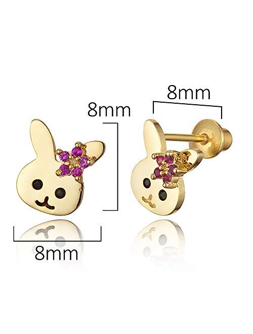 Lovearing 14k Gold Plated Brass Rabbit Cubic Zirconia Screwback Baby Girls Earrings with Sterling Silver Post