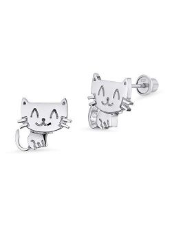 925 Sterling Silver Rhodium Plated Happy Cat Screwback Baby Girls Earrings