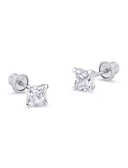 14k White Gold 3-6mm Basket Princess Cut Solitaire Cubic Zirconia Children Screw back Girls Earrings