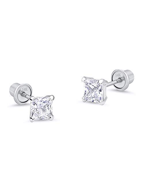 Lovearing 14k White Gold 3-6mm Basket Princess Cut Solitaire Cubic Zirconia Children Screw back Girls Earrings