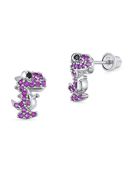 Lovearing 925 Sterling Silver Rhodium Plated Dinosaur Cubic Zirconia Screwback Baby Girls Earrings