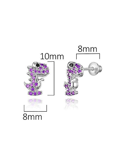 Lovearing 925 Sterling Silver Rhodium Plated Dinosaur Cubic Zirconia Screwback Baby Girls Earrings