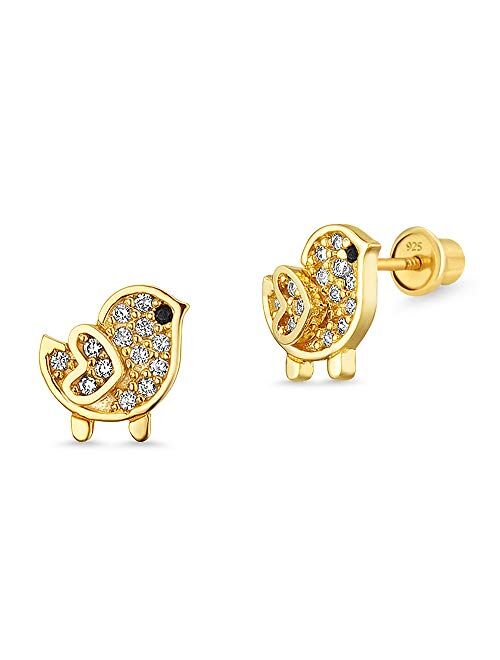 Lovearing 14k Gold Plated Brass Chick Cubic Zirconia Screwback Baby Girls Earrings with Sterling Silver Post