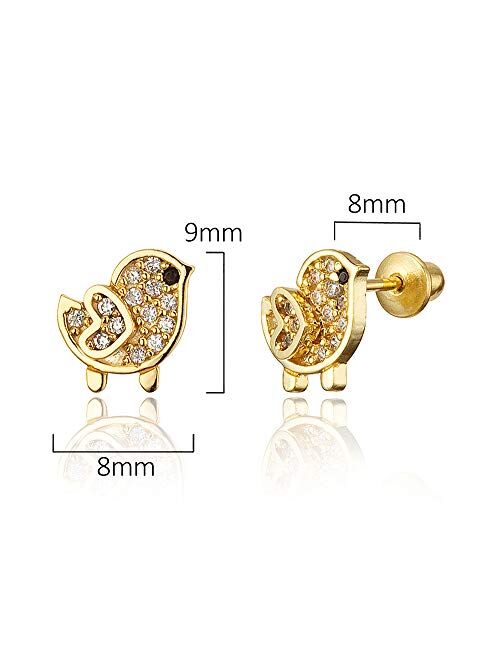 Lovearing 14k Gold Plated Brass Chick Cubic Zirconia Screwback Baby Girls Earrings with Sterling Silver Post