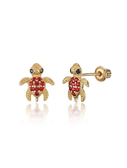 14k Yellow Gold Turtle Cubic Zirconia Children Screwback Baby Girls Stud Earrings