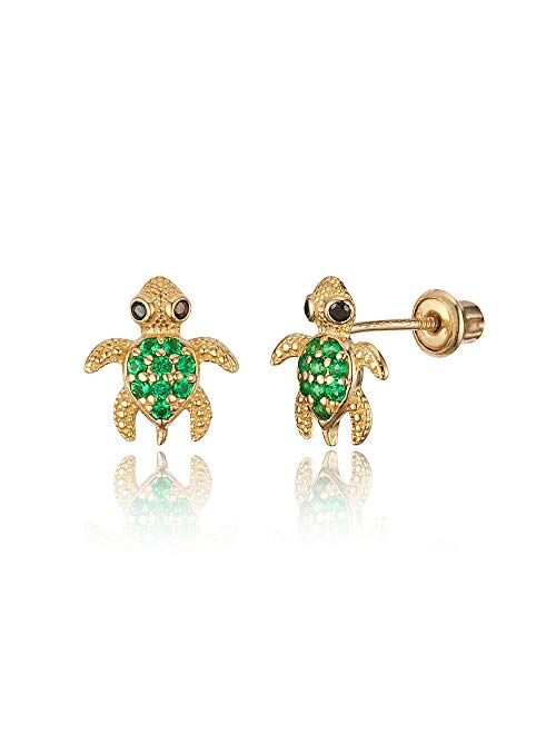 Lovearing 14k Yellow Gold Turtle Cubic Zirconia Children Screwback Baby Girls Stud Earrings