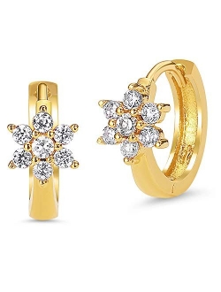 14k Gold Plated Brass Birth Month Cubic Zirconia Flower Baby Hoop Huggie Baby Girls Earrings