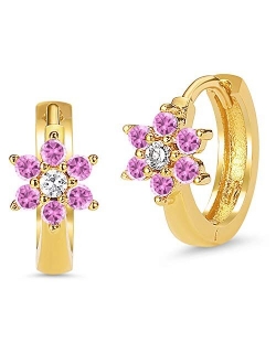 14k Gold Plated Brass Birth Month Cubic Zirconia Flower Baby Hoop Huggie Baby Girls Earrings